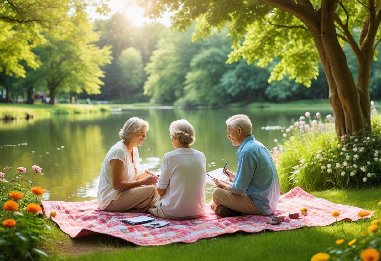 A serene landscape depicting a retired couple happily enjoying a sunlit park, surrounded by lush greenery and vibrant flowers while reviewing a budget plan on a picnic blanket. In the background, a gentle stream flows, symbolizing peace and financial stability. Emphasize warmth and joy in their expressions, showcasing financial tools like a calculator and planner nearby. soft focus. vibrant colors. 3D.