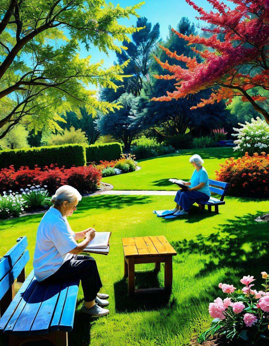 A serene and vibrant park scene showcasing a diverse group of retirees engaging in various fulfilling activities such as gardening, painting, and tai chi. The background features picturesque trees and blooming flowers under a sunny blue sky, symbolizing peace and joy in retirement. Include elements like a book and a cup of tea on a rustic bench, inviting relaxation and hobbies. super-realistic. vibrant colors. warm natural lighting.