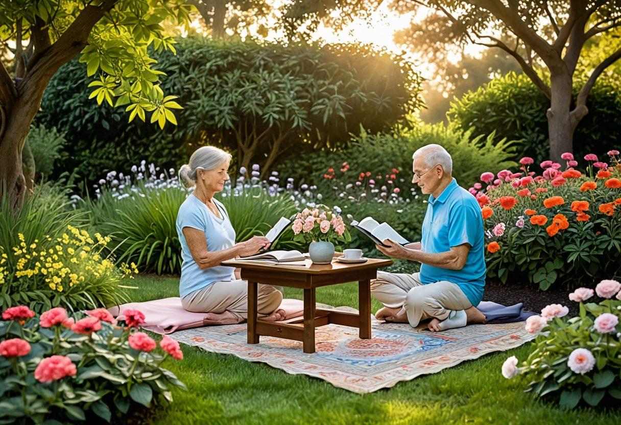 A serene scene depicting an elderly couple enjoying a peaceful garden at sunset, surrounded by blooming flowers and lush greenery. They are engaged in activities like yoga and reading, symbolizing wellness and relaxation. Nearby, a small table holds books about financial planning and investment, showcasing the wealth aspect. Soft golden light enhances the tranquil atmosphere. vibrant colors. painting.